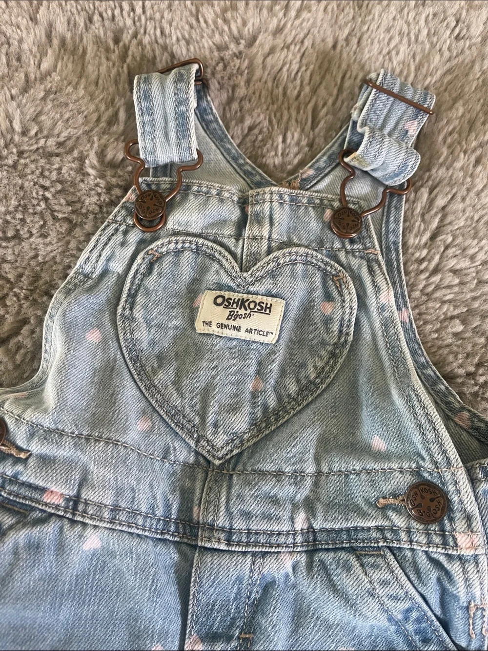 OshKosh B'gosh Light Blue Denim Heart Pocket Overalls with Pink Hearts
